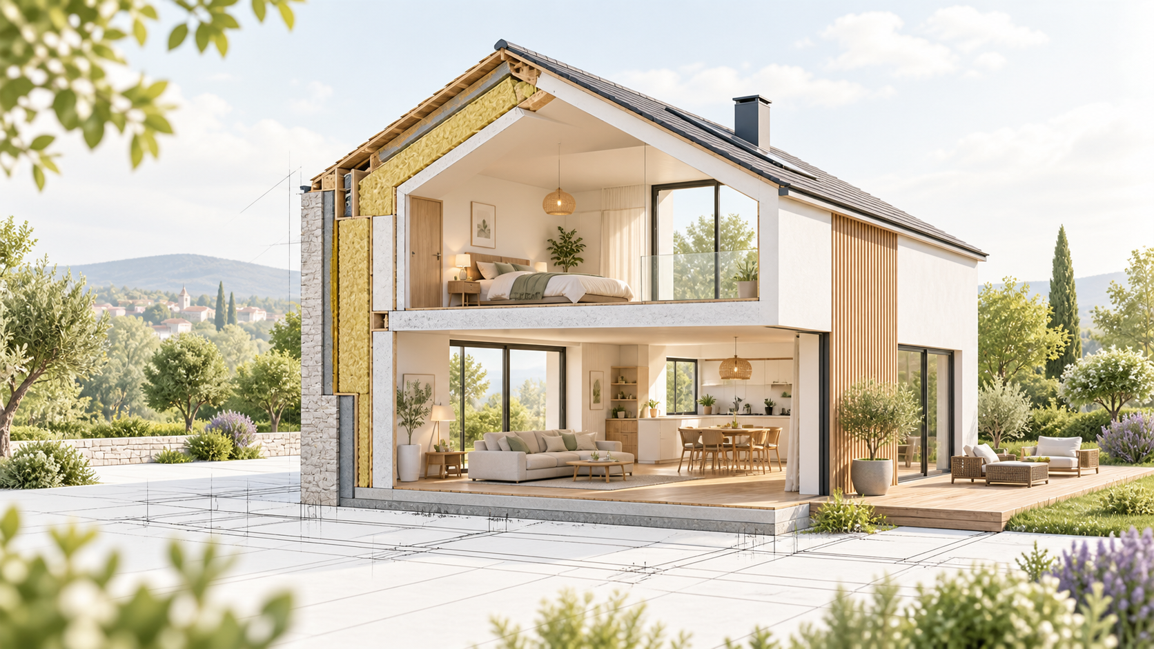 Illustration en coupe d’une maison montrant son isolation et ses espaces intérieurs